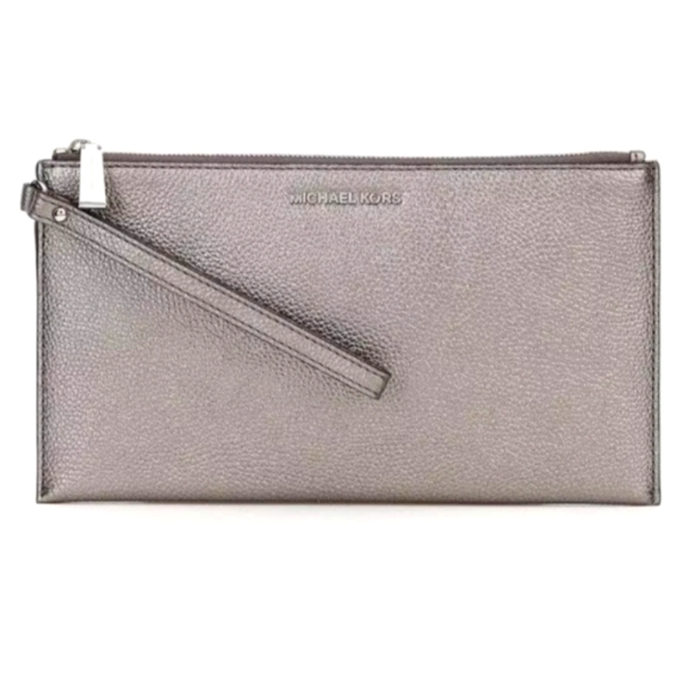 Michael Kors Wristlet Gunmetal Large Zip Textured Leather Clutch Wristlet